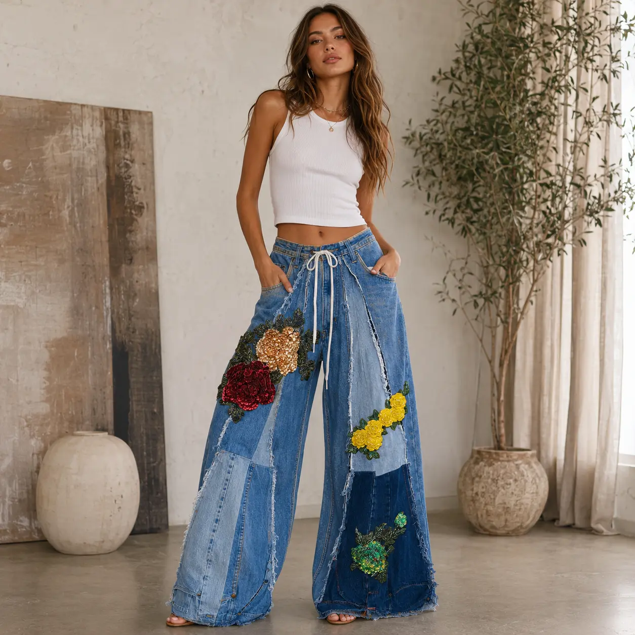 #308 LunaSparkle handmade designer Patchwork jeans