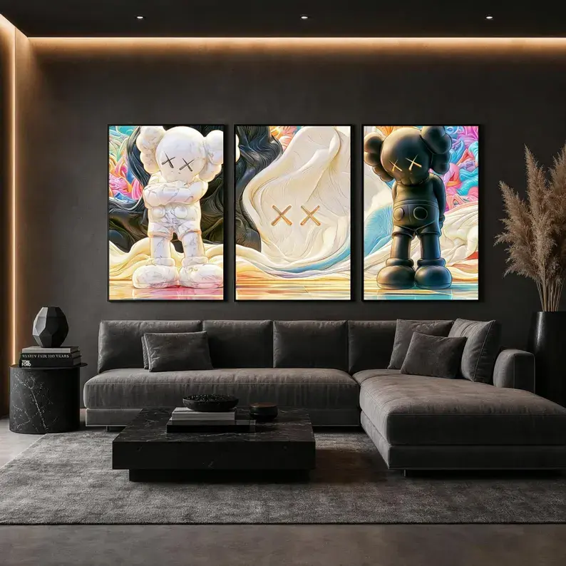 Chrome Hearts Kaws Poster Set of 3, Black White Hypebeast Decor Wall Art, Gothic Luxury Decor, Black White Chrome Hearts, Dark Fashion Decor
