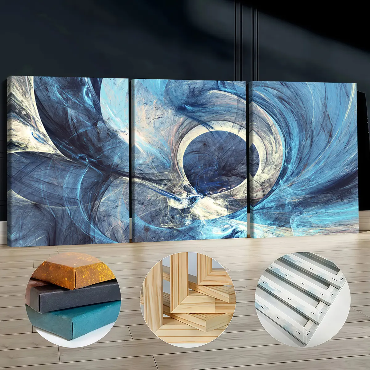 3Pcs Wooden-Framed Canvas Prints - Abstract Blue Swirls & Curves Artwork, Waterproof Odorless Home Supplies, Colorful Style Living Room Decor, Kid Room Decor Inspo for Home Decoration