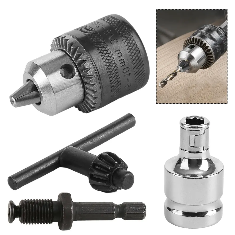 4-Pcs Power Tool Conversion Chuck Set - 3-Jaw Drill Chuck, Hexagonal Adapter, T-Key, Threaded Connecting Rod for Electric Wrenches, Impact Drills, Hammers (Ideal for Woodworking, DIY Home Repairs), Diy Enthusiasts