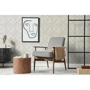 Peel and Stick Removable Fabric Wallpaper - Modern Geometric Line Art - Leland Alabaster Iron - Black and Cream