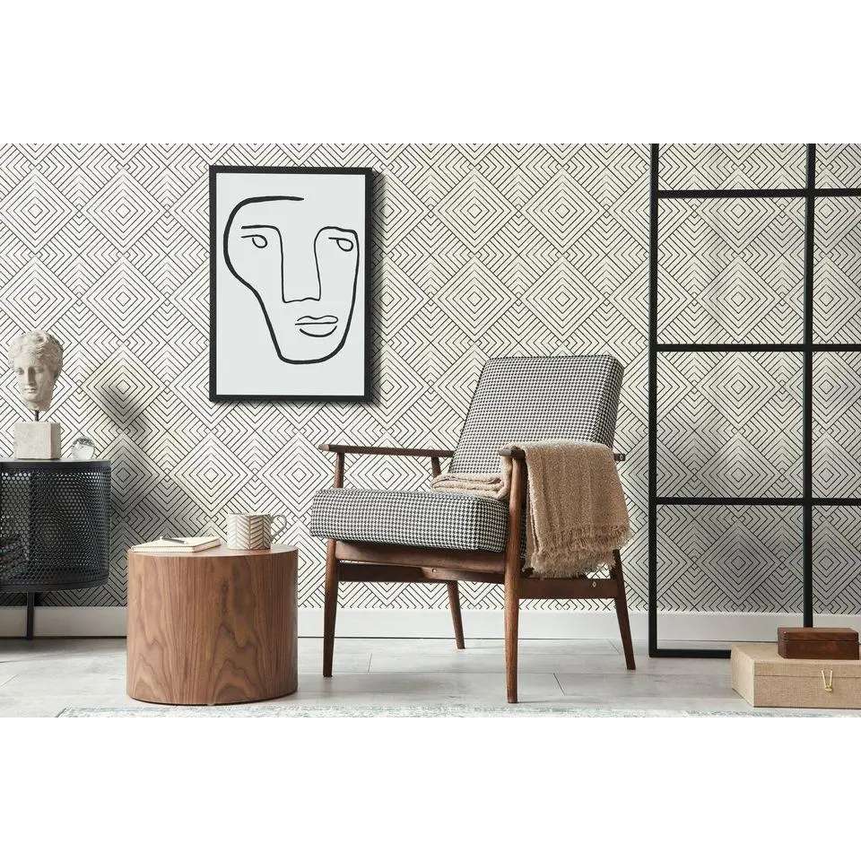 Peel and Stick Removable Fabric Wallpaper - Modern Geometric Line Art - Leland Alabaster Iron - Black and Cream