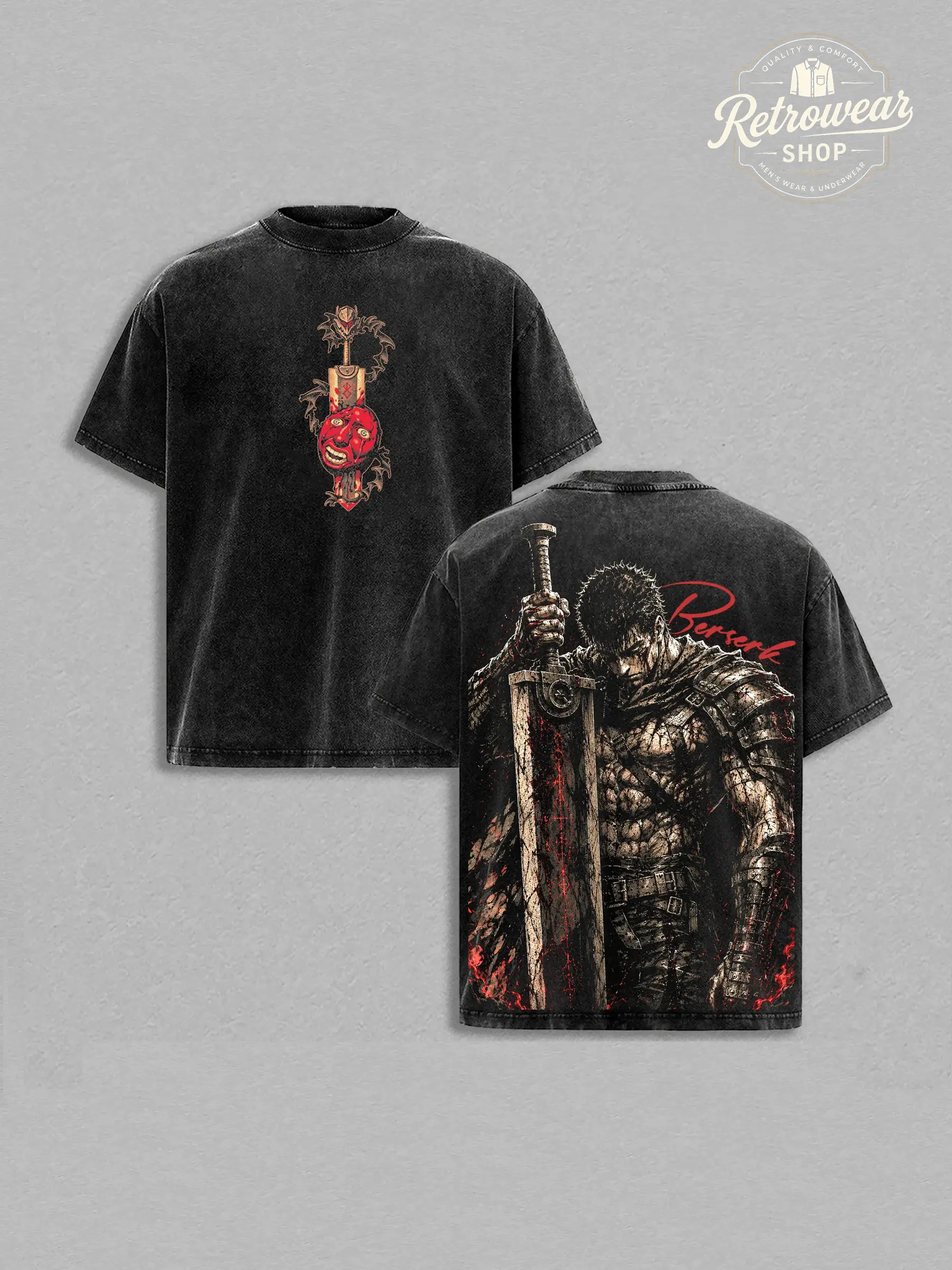 Men's Guts Berserk Vintage Washed Oversized Heavy Cotton Short-Sleeve Round Neck Casual Print T-Shirt, Unisex Streetwear Apparel Gift for Berserk Fans, Shortsleeve, Tshirt, Vintage Graphic Tees, Anime Merchandise