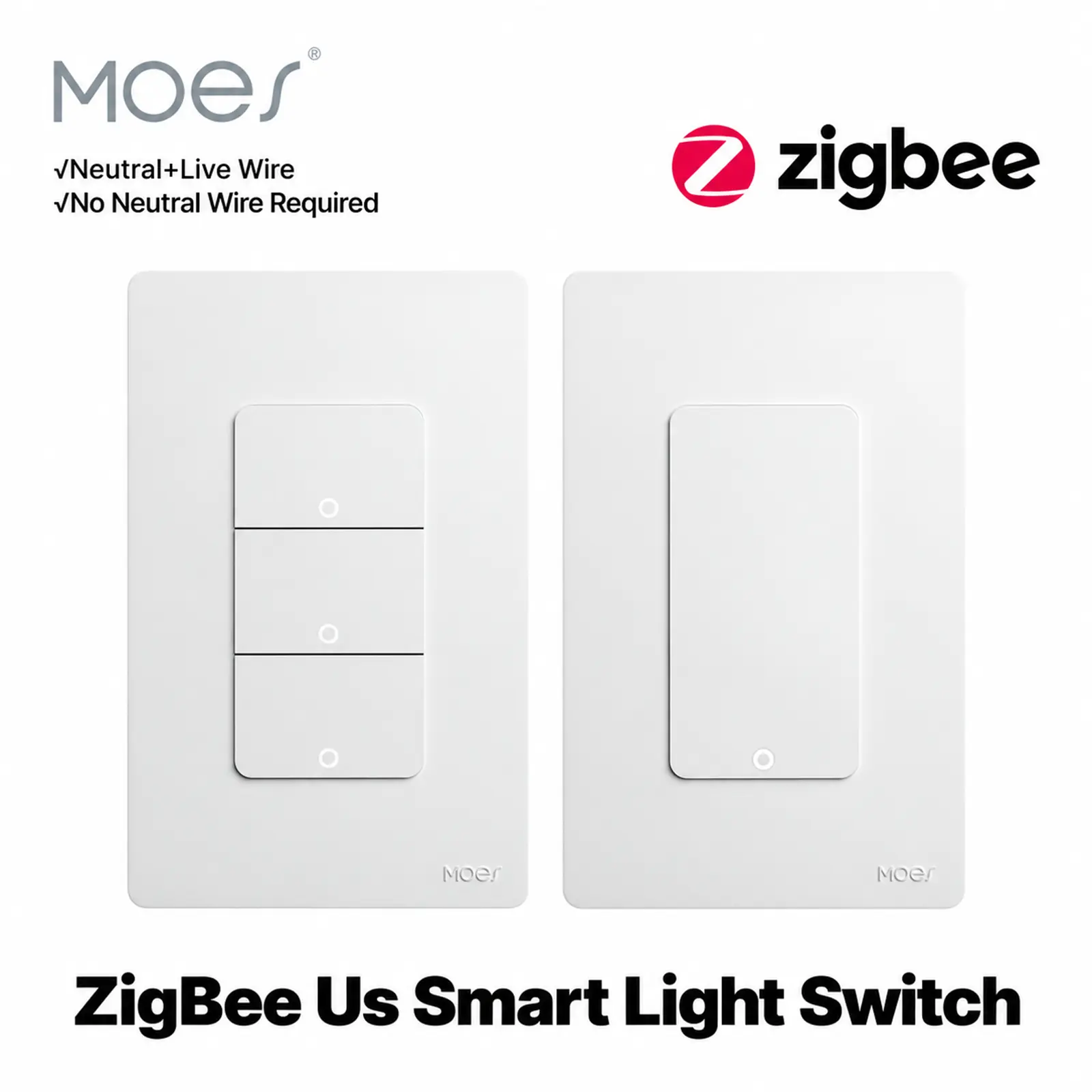 MOES Single Pole Double Smart Light Switch - Hard-Wired, Neutral Wire Optional, 3W Minimum Load, Shallow Body Design, Zigbee Compatible, MOES Hub Required, Voice Control, App Control, Works with Alexa & Google Assistant, Tuya Smart Life Supported