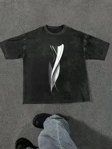 Mens Y2K Fashion - Black Washed T-Shirt: Mens Midnight Elegance: Abstract Flow Black Tee