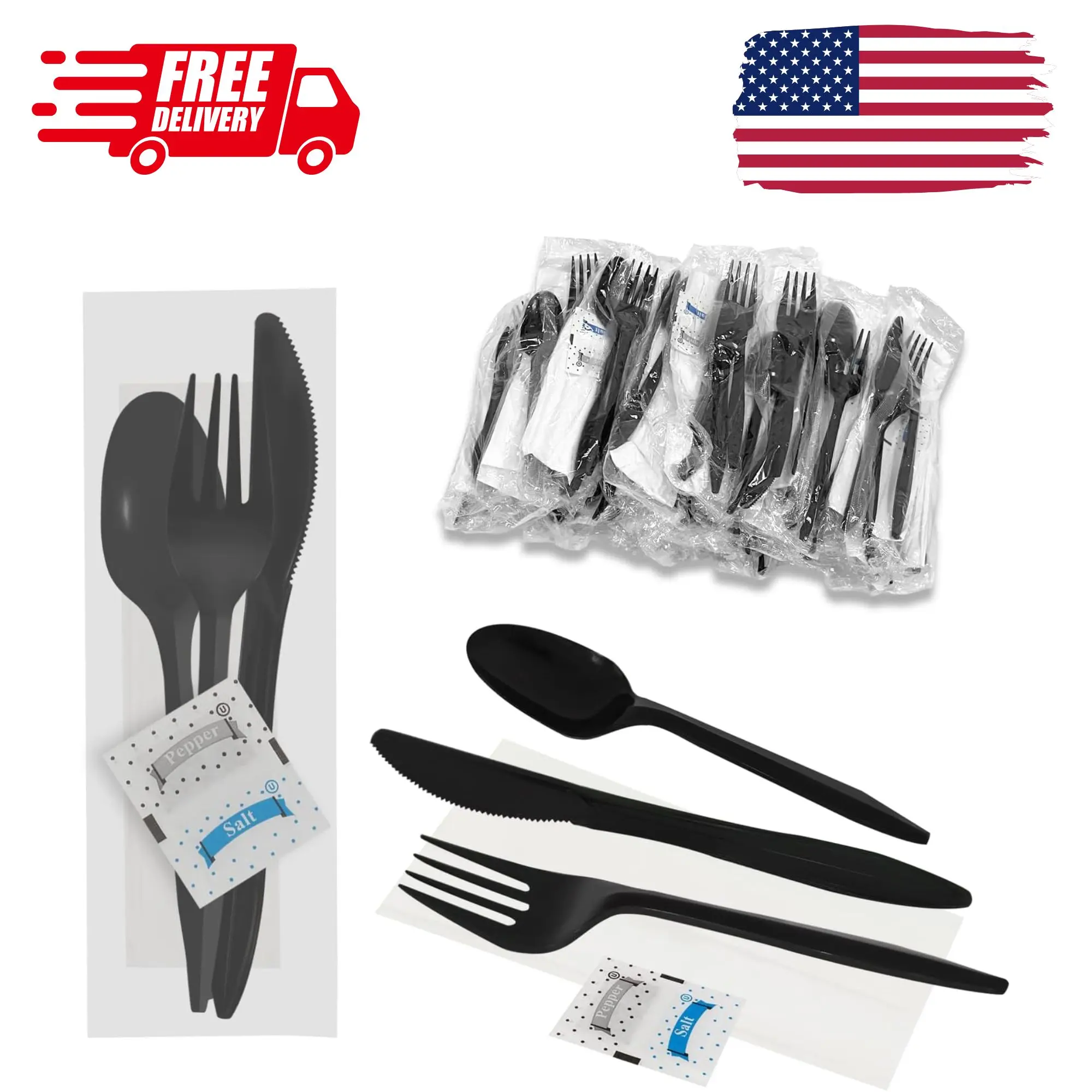 100Pack Plastic Cutlery Packets, Knife Fork Spoon Napkin Salt Pepper Sets