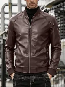 Men's PU Leather Baseball Collar Jacket, Slim Fit Long Sleeve Pilot Jacket, Solid Pattern, Spring & Fall Fashion, Casual Style