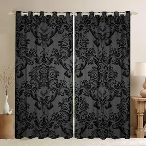 Adults Black Vintage Damask Floral Curtains,Oriental Antique 30%-50% Blackout Curtains,(2 Panels) Gothic Bohemia Boho Flower Darkening Drapes