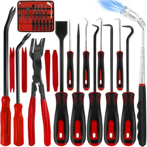 Complete 17PCS Pick Tool Set: Hooks, Picks, Scraper & Magnetic Telescoping Tool for Car Trim Removal – Red Edition car tool