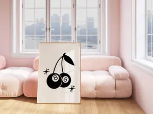Cosmic 8 Ball & Cherries Wall Print: Artistic Matte Decor Poster, Pool Ball-Inspired Artwork Set, Unique Decoration for Homel