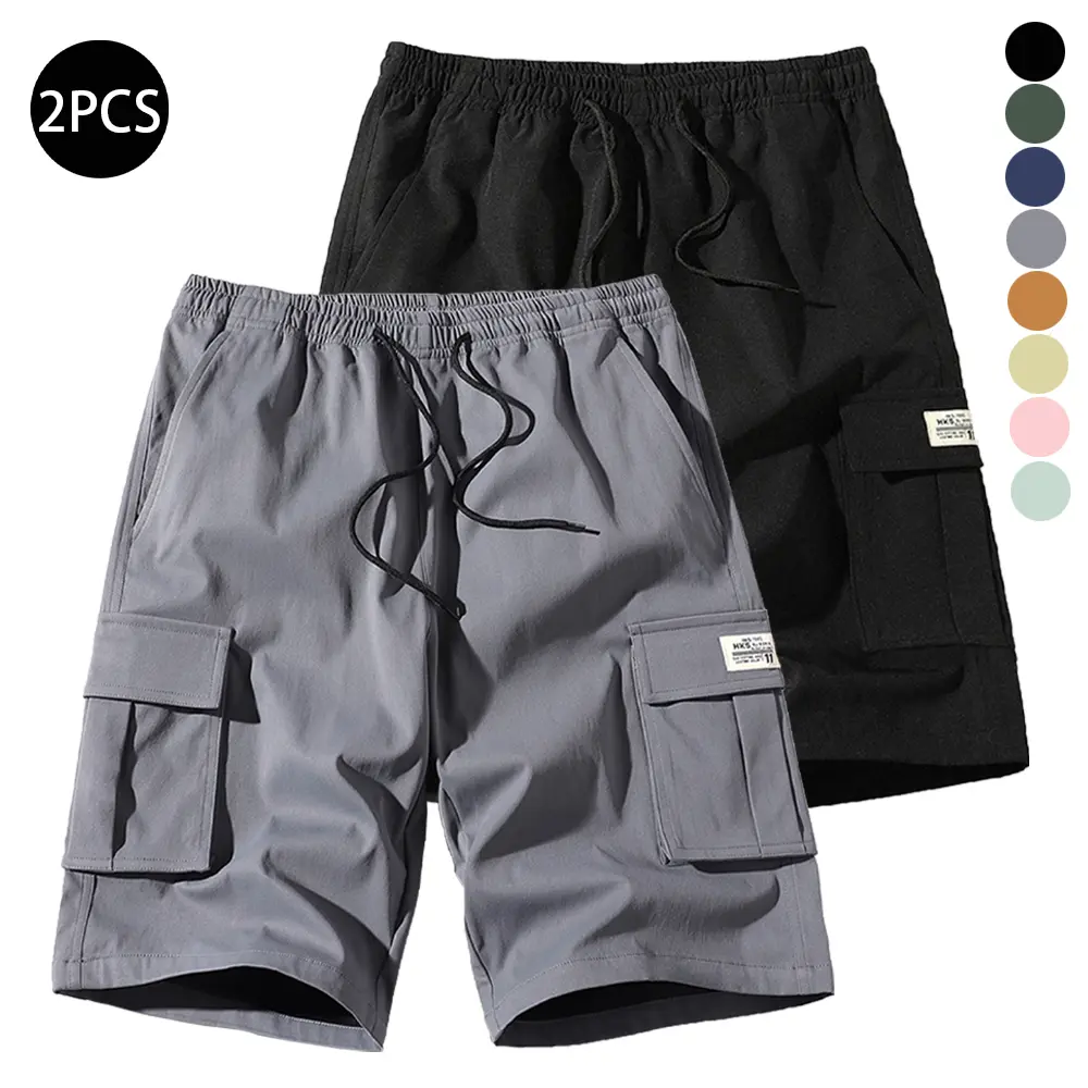 Men’s classic multi-pocket cargo shorts, 2-pack; drawstring waist with slant pockets; casual street-style shorts, perfect for everyday wear and urban looks, Personalized, Menswear, Stylish, Mid Waist