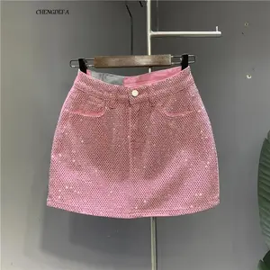 CHENGDEFA Heavy Industry  Drilling High-End Denim Skirt  And Summer  High Waist Pink Sexy A-Word Skirt