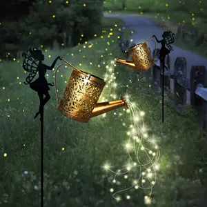 Solar-Powered Vintage Kettle Lantern with LED Waterfall, Floral Perforated Metal Design, Auto Sensor, 600mAh Rechargeable Battery - Solar Outdoor Lights for Garden, Patio, Holiday Gift Decor