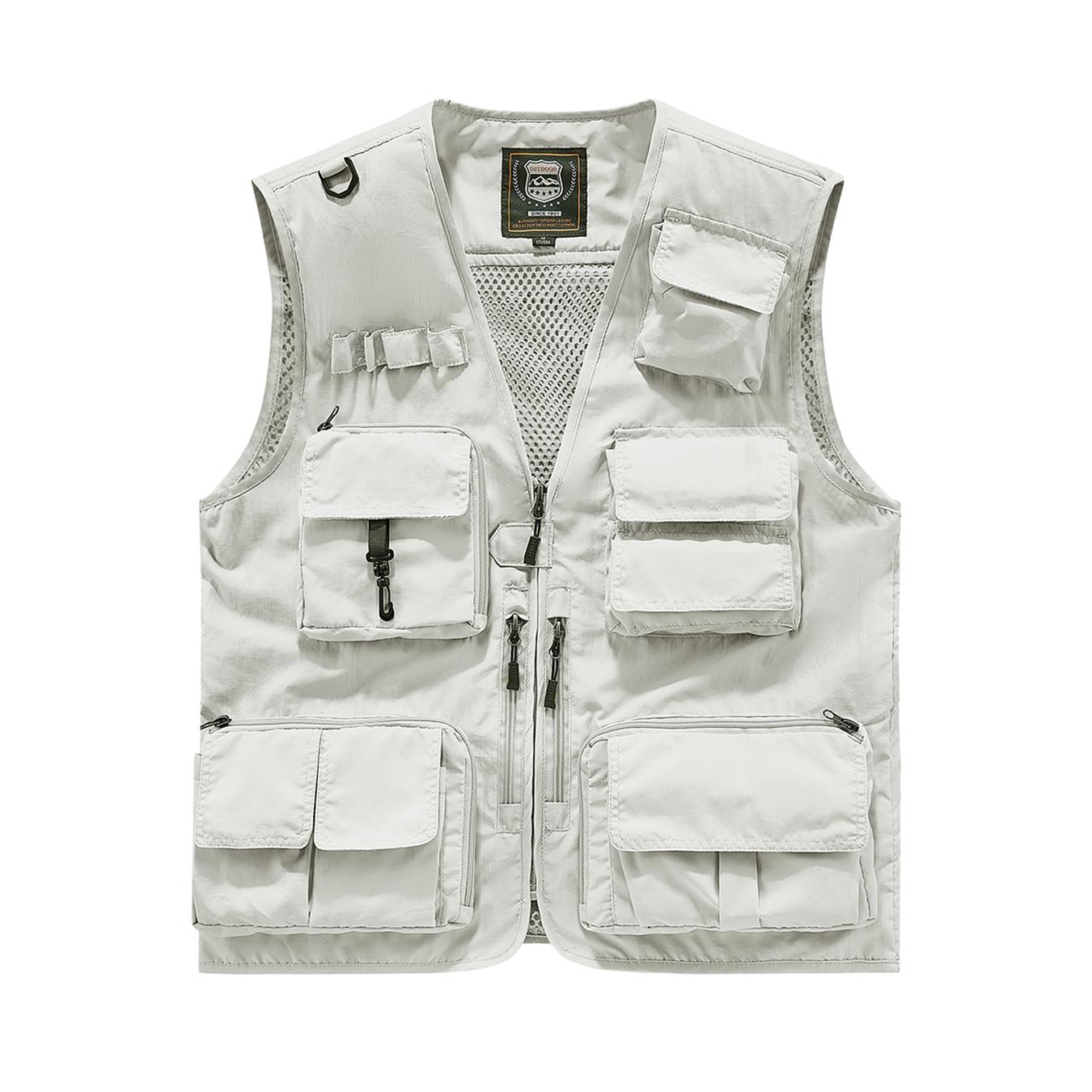 Men’s multi-pocket utility fishing vest, lightweight breathable outdoor vest lined with mesh, functional work vest for hiking, photography, and hunting