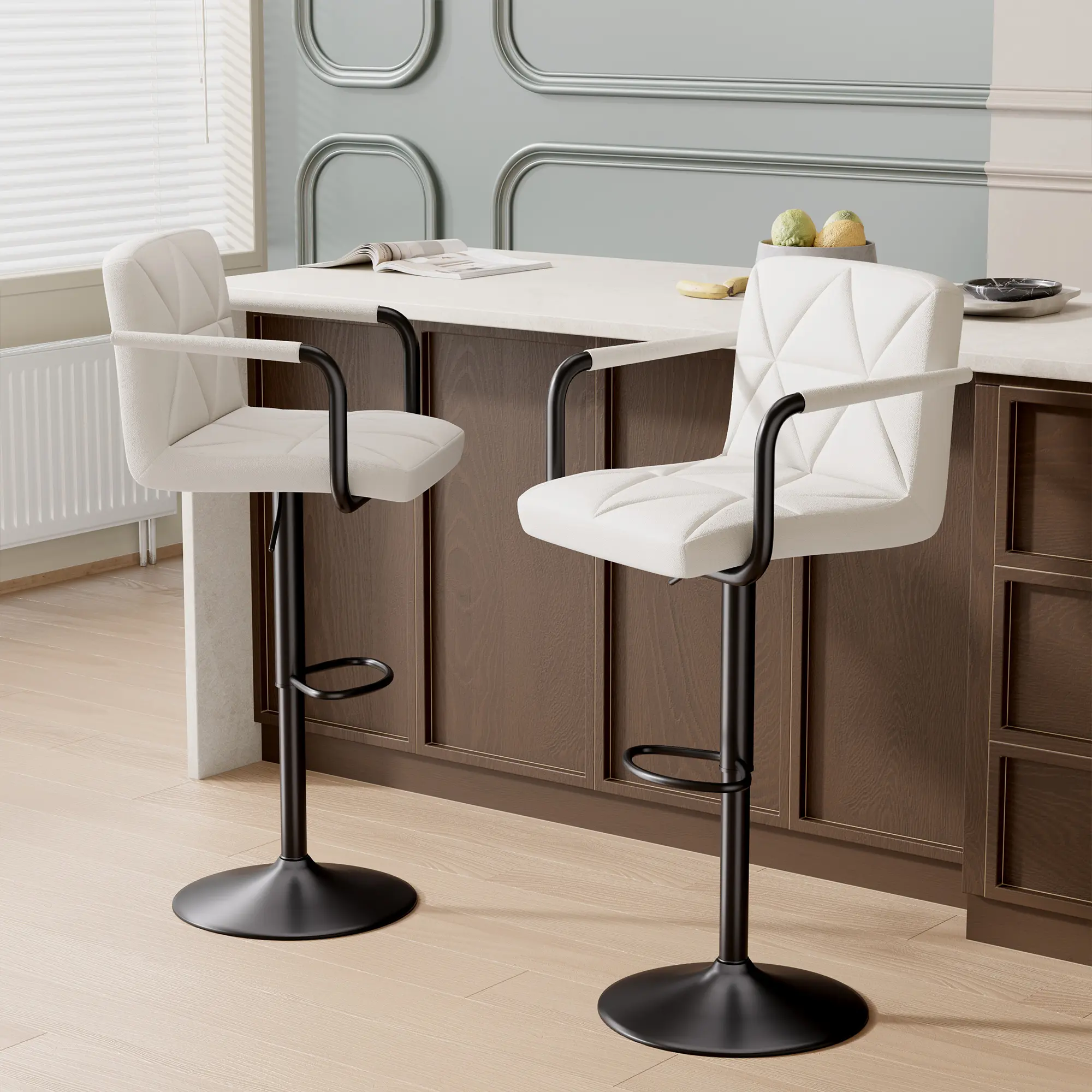 Adjustable Swivel Bar Stools with Footrest - PU Leather Counter Height Stools, 360° Spin & 300LBS Weight Capacity for Kitchen Island, Home Bar, Set of 1, Black/Dark Grey/Khaki/White Adjustable Counter Chairs