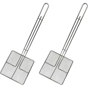 Wire mesh strainer with long handle  65 square frying spoon stainless steel cooking oil strainer for deep fryer professional restaurant use commercial grease skimmer