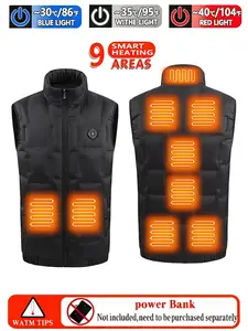 Single control 9 heating zones men's smart heated vest, sleeveless jacket, polyacrylic fiber, non-transparent, solid color, stand collar, zipper details, suitable for autumn and winter outdoor activities (power bank not included), Christmas