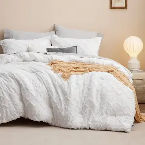 Oversized Queen Comforter - White Comforter, Boho Tufted, 3 Vintage Farmhouse for Seasons, Fluffy with 2 Pillow Shams