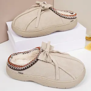 Women's Fleece Slippers Comfortable Mini Snow Boots Slip-On House Shoes with Decorative Stitching Indoor Outdoor