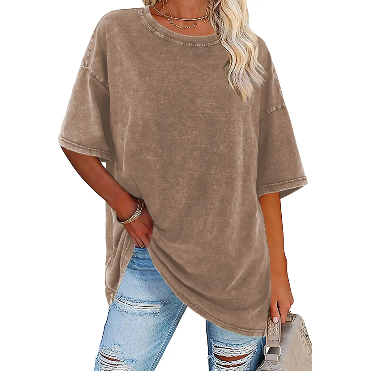 Holafish Women's Truesized T Shirts Acid Washed Heavy Cotton Vintage Unisex Tees Loose Fit Crewneck Short Sleeve Casual Streetwear Baggy Basic Tops Womenswear Tshirt Minimalist Summer - Fabric, Jacket