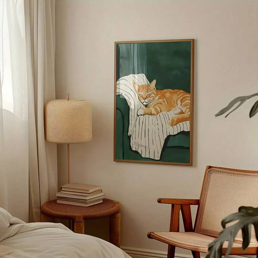 1pc Modern Cartoon Animal Poster, Orange Cat Sleeping, For Living Room & Bedroom Decor, Perfect For Room Decor Decorative Artwork Decoration