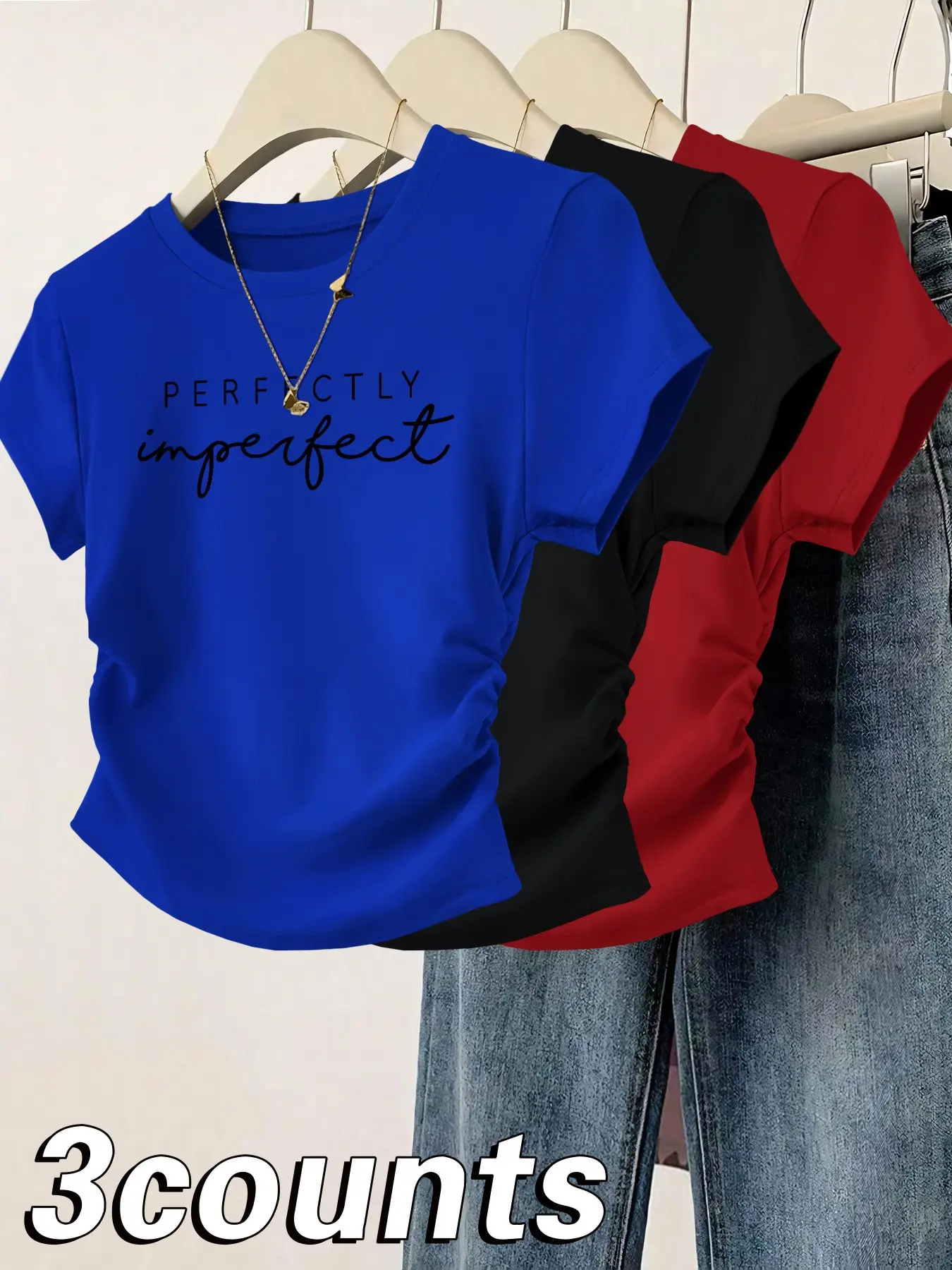Fashion Casual Letter Print Round Neck Short Sleeve 1 Pieces /3 Pieces Women's Top T-Shirt, Waist Ruched Design, Comfortable Fabric, 12 Color Options
