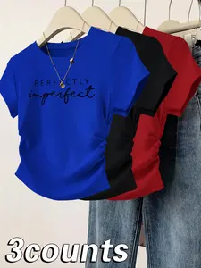Women's Letter Print Round Neck Tee, Casual Short Sleeve Crew Neck T-shirt for Daily Wear, Ladies Clothes for All Seasons, Top