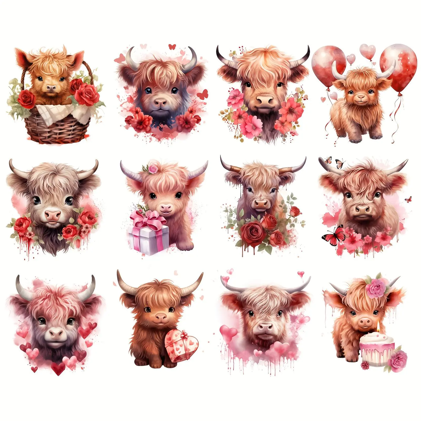 Highland Cow Iron-on Transfer Sticker, 12pcs/set Plastic Heat Press Appliques, DIY Clothing & Accessories, DIY Craft Decor, Craft Supplies for Crafters & DIY Enthusiasts