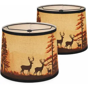 Rustic Deer Printed Large Drum Lamp Shades Set of 2 11.4"x13"x10" Barrel Brown Spider Model Easy Assembly Replacement Lamp Shade For Table Lamps For Cabin Lodge Decoration