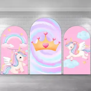Whimsical Pink Unicorn Arch Covers Stretchy Backdrop – Crown & Rainbow Design, Perfect for Girls’ Birthday & Magical Princess Party Photo Backdrop