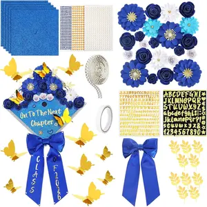 61 Pcs DIY Graduation Cap Decorations Kit, 2026 Grad Cap Decor Included Bow Paper Flowers 3D Butterfly Pearl Letters Stickers Glitter Construction Paper for DIY Grad Hat Topper(Dark Blue)