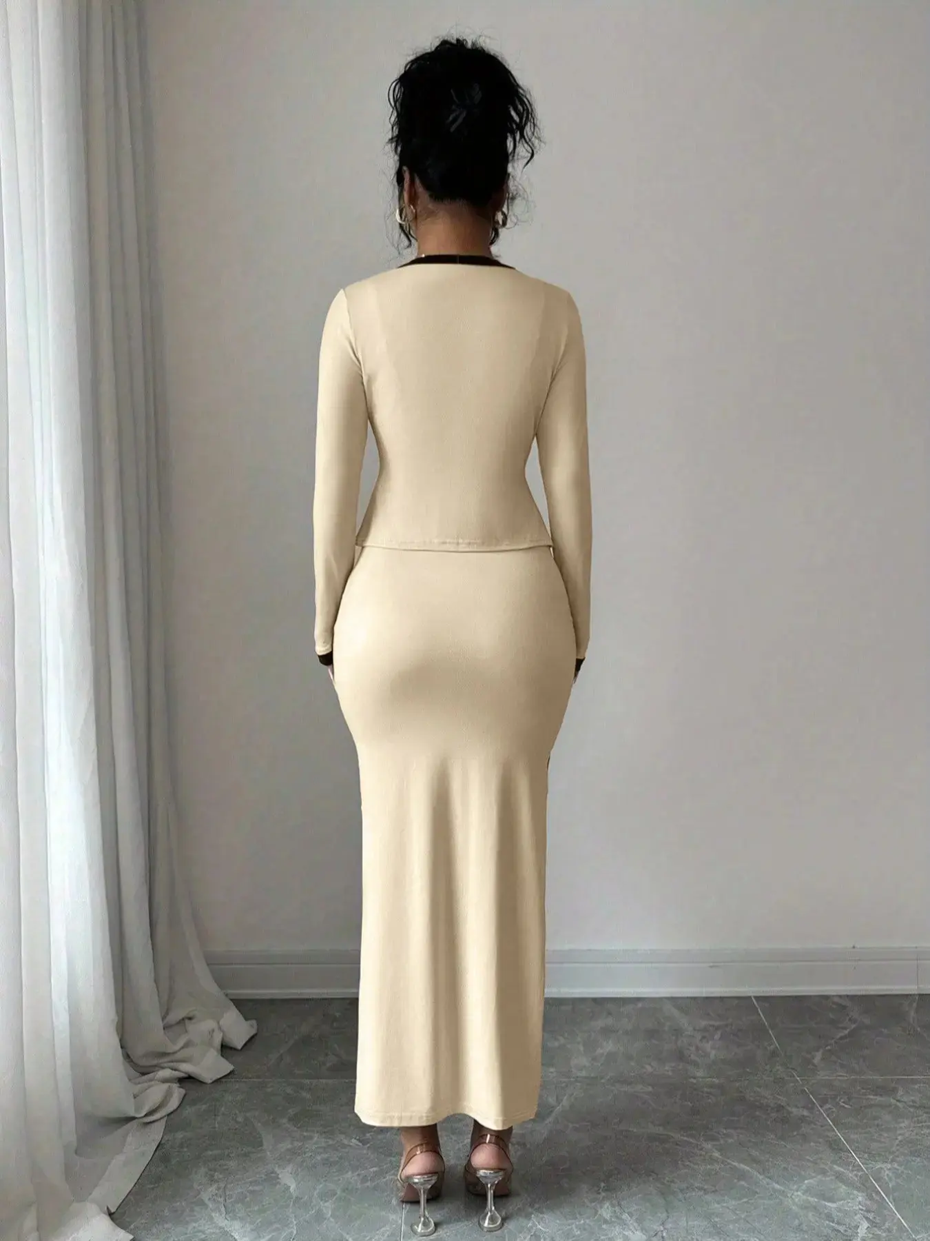 Women's 2-Piece Fall Winter Fashion Comfortable Colorblock Knit Cardigan  and Halter Neck Split Dress Set, Thin Transparent, All Seasons - TikTok Shop