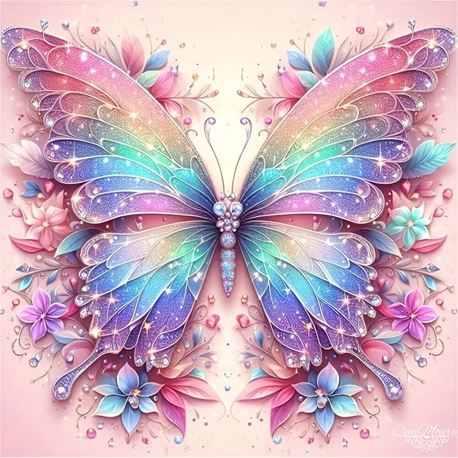 5D Diamond Painting Kit - Sparkling Rainbow Butterfly with Floral Accents, Full Round Drill Gradient Rhinestone Wings Mosaic Art, DIY Embroidery for Elegant Home Wall Decor & Gift for Butterfly Lovers, Handmade Gifts, Handcraft