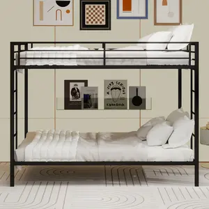 Queen Over Queen Bunk Bed Frame with Ladder & Full-Length Railing, Modern Metal Bunk Bed Frame with Slats and Guardrail, No Box Spring Required, Easy Assembly, for Bedroom, Black