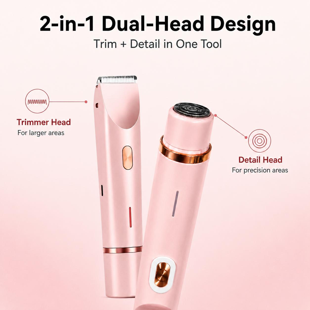Bikini Trimmer for Women, Electric Shaver & Razor 2-in-1 Body Hair Removal, Rechargeable Dual Head Epilator for Pubic Hair, Face & Legs, Smooth Skin Summer Gift