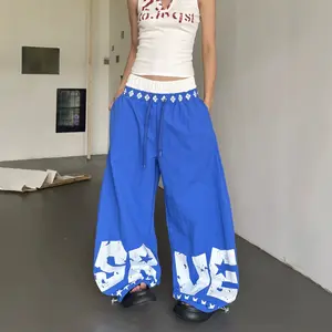 Women's Blue Wide Leg Parachute Pants, Elastic Drawstring Waist Baggy Joggers with White Letter & Star Print, Y2K Hip Hop Streetwear Casual Trousers