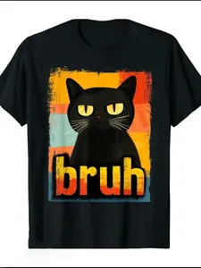 Vintage Cat Print T-Shirt, Soft Breathable Cotton, Casual Long Fitted Tee, Comfortable Everyday Wear, Ideal for Home Relaxation