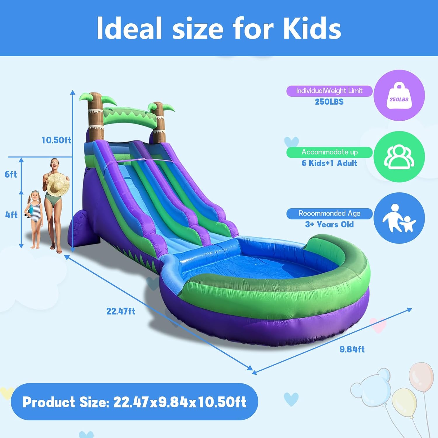 Inflatable Grade Water Slide for Kids and Adults with Big Splash Pool, 22.5 * 9.84 * 10.6FT Backyard Party Rainforest Oxford Water Slide with Air Blower & Water Pipe