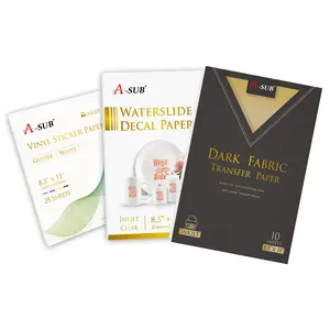 A-SUB DIY Printing Materials 3-in-1 Bundle – 25 Sheets Waterproof Glossy Vinyl Sticker Paper + 10 Sheets Dark Fabric Transfer Paper + 20 Sheets Clear Waterslide Decal Paper (8.5"x11") for Inkjet Printers