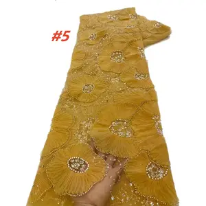 Luxury Nigerian African Beaded Lace Fabric, High Quality Sequin Embroidery French Lace Material for Sewing Dresses, Elegant Floral Lace