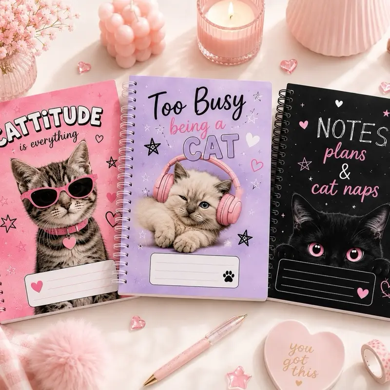 3 Pack Cute Cat Spiral Notebooks | Aesthetic School Journal Set | Pink, Purple & Black 8.5”x11’’