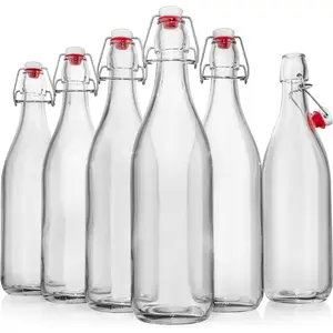 Swing Top Glass Bottles 1 Liter 33 fl oz Pack of 6 Flip Top Coquito Bottles for Kombucha Fermentation Beer Kefir Wine Airtight Stopper Lids with Extra Gaskets Funnel Labels & More