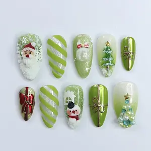 Festive Green Medium Almond Press On Nails: Adorned with Santa Claus, Snowman Designs - Perfect for Christmas Day or Gift for Her