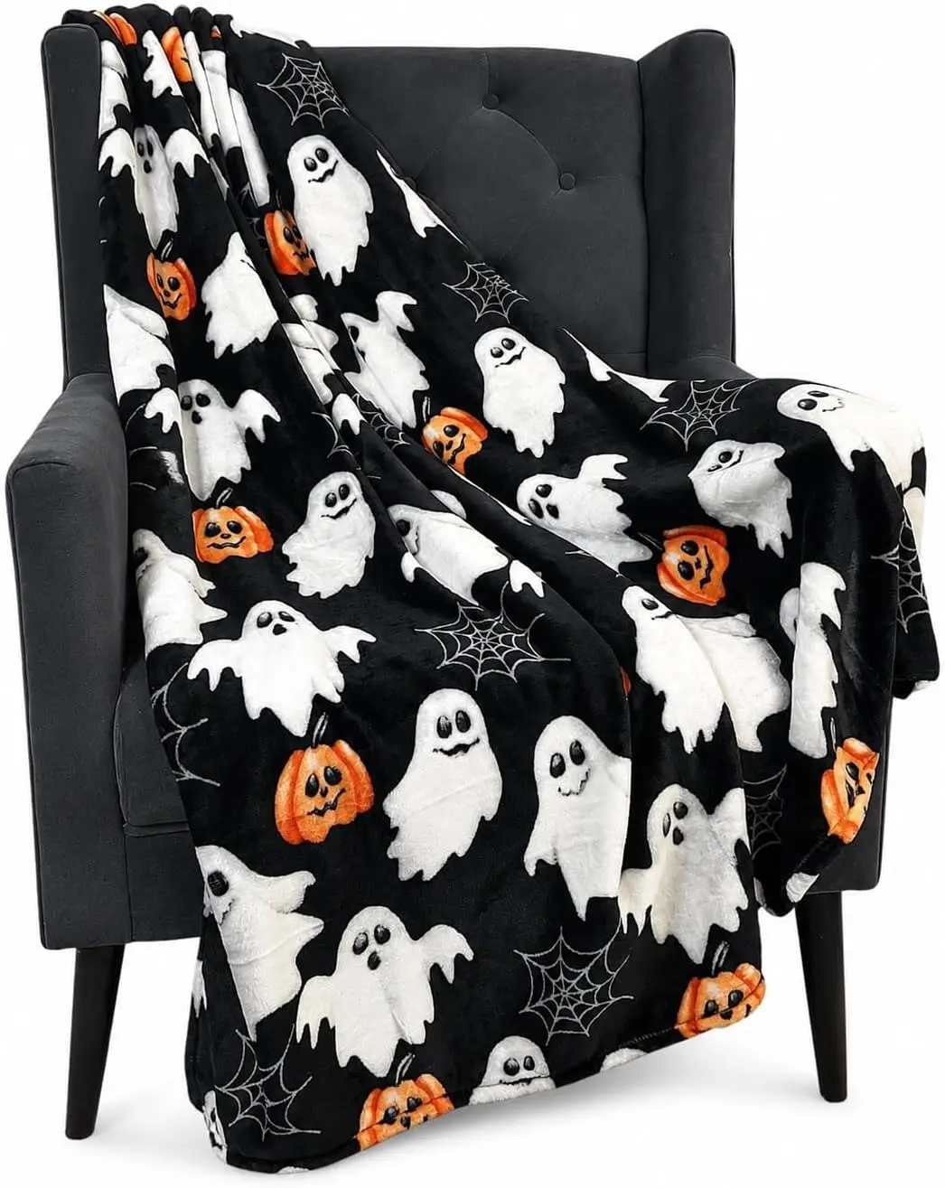 Halloween Cozy Ghost Blanket All Over Print Friendly Smiling Ghost Orange Pumpkin Cobweb On Black Base Throw Ultra Soft Warm Flannel Blanket for Sofa Bedroom Halloween Party Family Gift