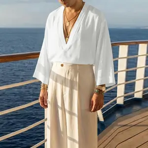 INCERUN Menswear V-Neck Kimono Shirt - Old Money Fashion, Relaxed Fit, Breathable Linen-Feel Fabric, Aesthetics-Focused Loose Top for Tropical Cruise Vacations