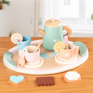 Macaron-colored wooden play tea set, featuring elegant tea treats and adorable utensils—perfect for kids to role-play with style