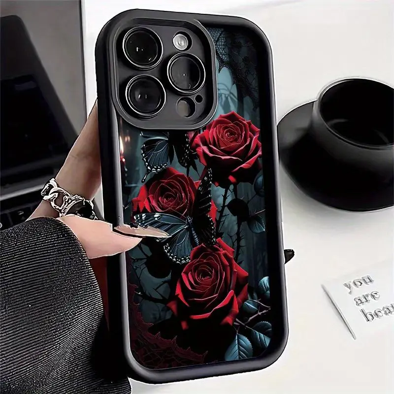 Phone Case: Trendy Black Butterfly and Red Rose Pattern Phone Case for iPhone 12-16 Pro Max Series, It'S Durable, Resistant to Stains And Fingerprints, Making It a Perfect Birthday Gift for a Girlfriend, Boyfriend, Or Even for Yourself