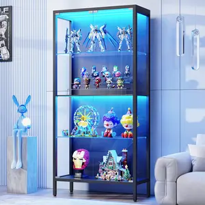 BROTTAR Metal Display Cabinet with Glass Doors, 4-Tier Curio Cabinet with 3 Color Lights for Collectibles, Glass Display Case with Human Body Sensor, Storage Cabinets with Adjustable Glass Shelves, Black