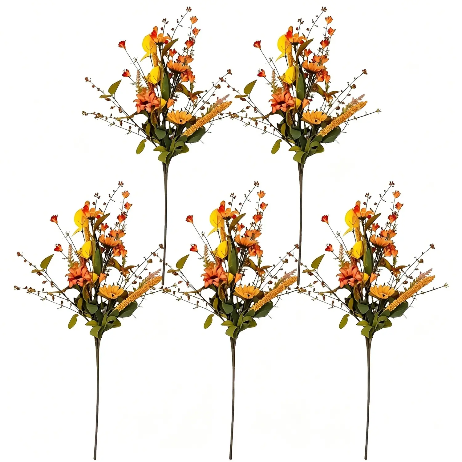 5-Piece Vibrant Autumn Flower Bouquet, 21.7" Realistic Artificial Fall Florals, Durable Stand, Indoor/outdoor Decor, Thanksgiving, Halloween, Graduation
