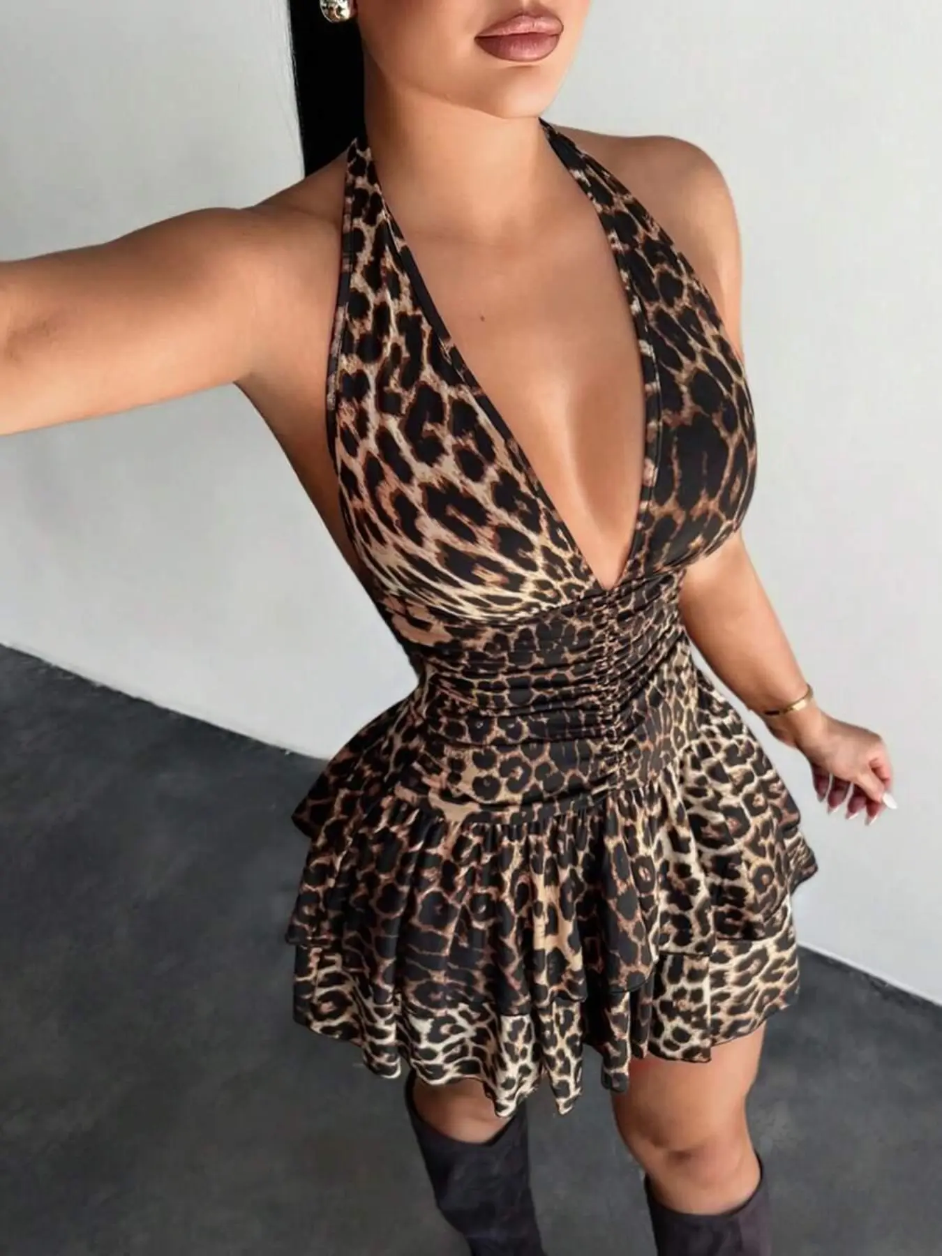 Women's Leopard Print Halter Neck Ruffled Skirt Dress, Sleeveless, Sexy Vacation Wear, Cheetah Print Dress, Birthday, Summer Fashion, Animal Print Style